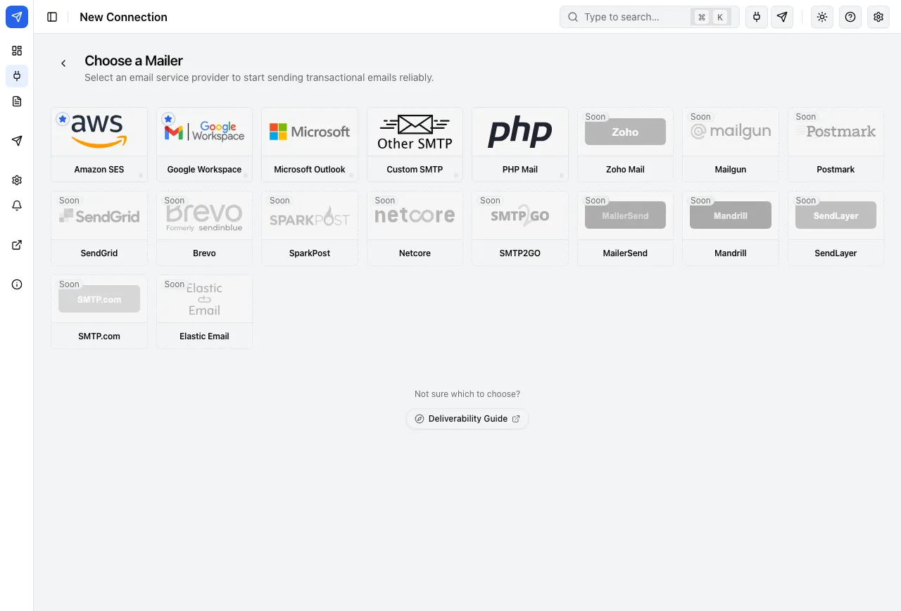 Add a mailer: Amazon SES, Google, Microsoft, any SMTP server or PHP mail.