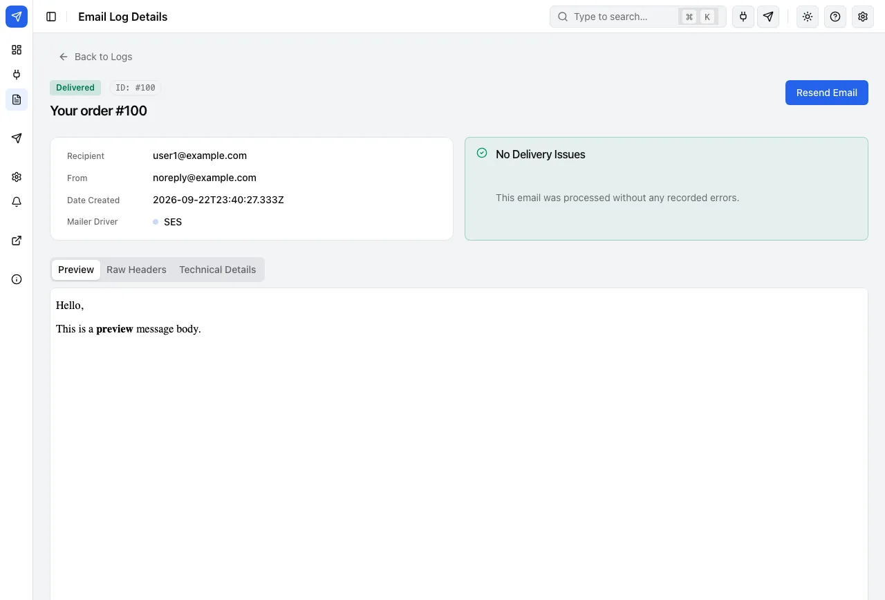 A logged email: recipient, sender, mailer, delivery result and a preview of the message.