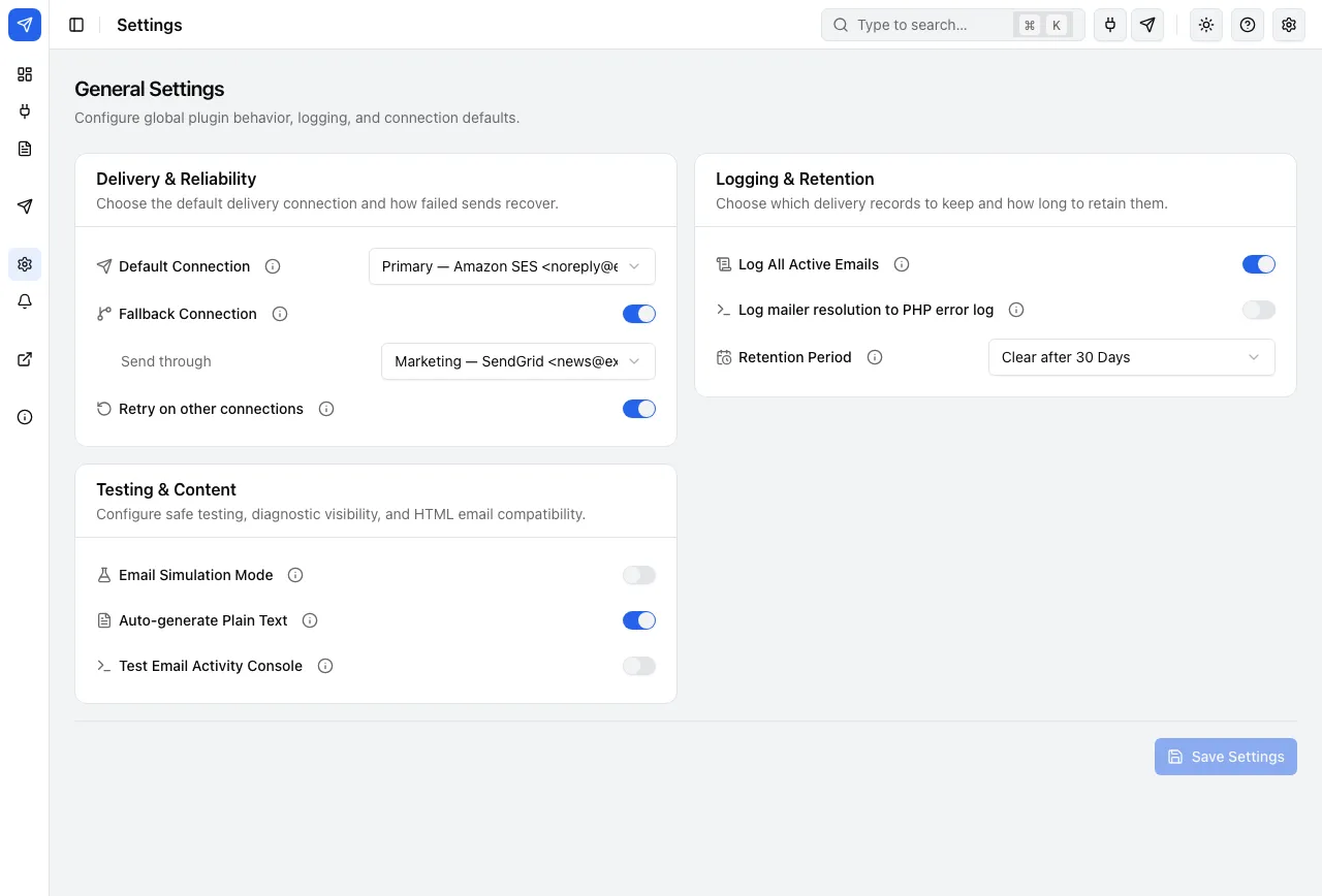 Settings: default and fallback connection, retries on other connections, logging and retention.