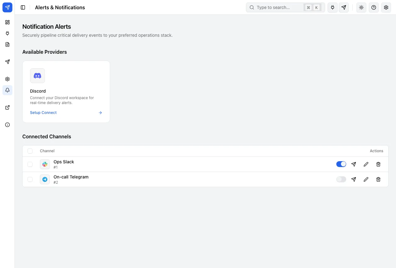 Alerts: Slack, Discord and Telegram, each connected once.