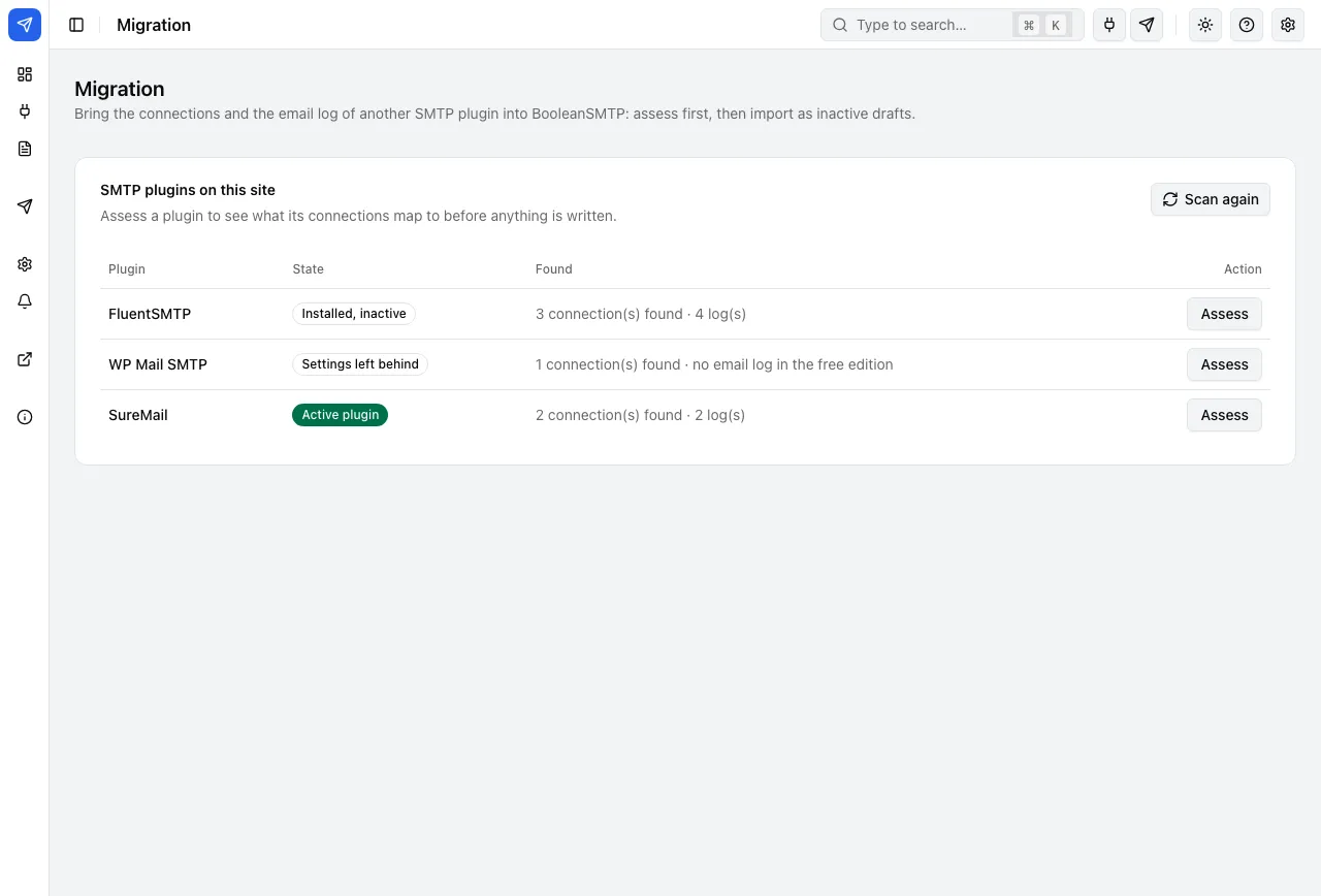 Migration: bring the connections and email log of another SMTP plugin over as drafts.