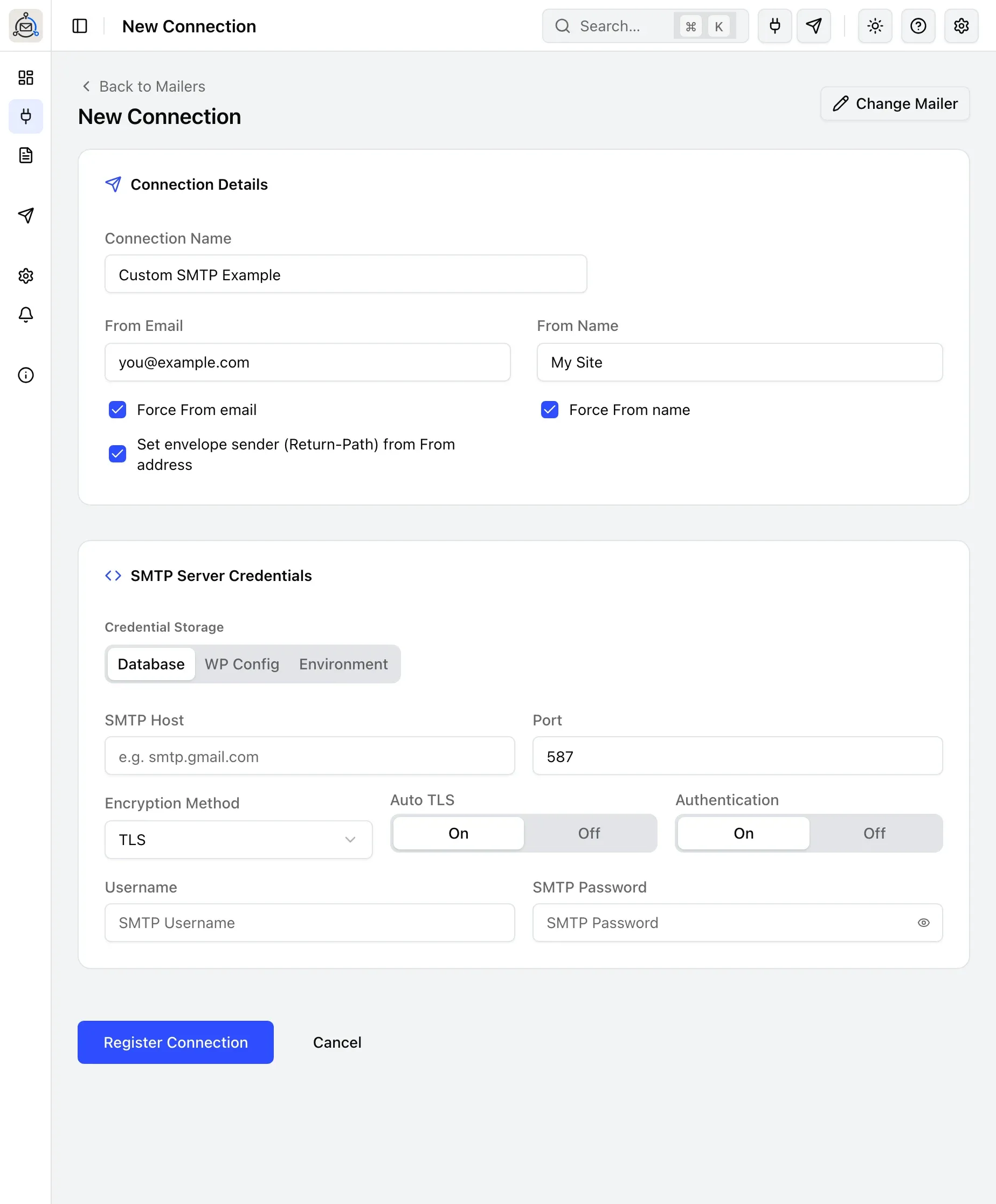 The Custom SMTP connection form, with Host, Port, Encryption Method, Auto TLS and Authentication fields.