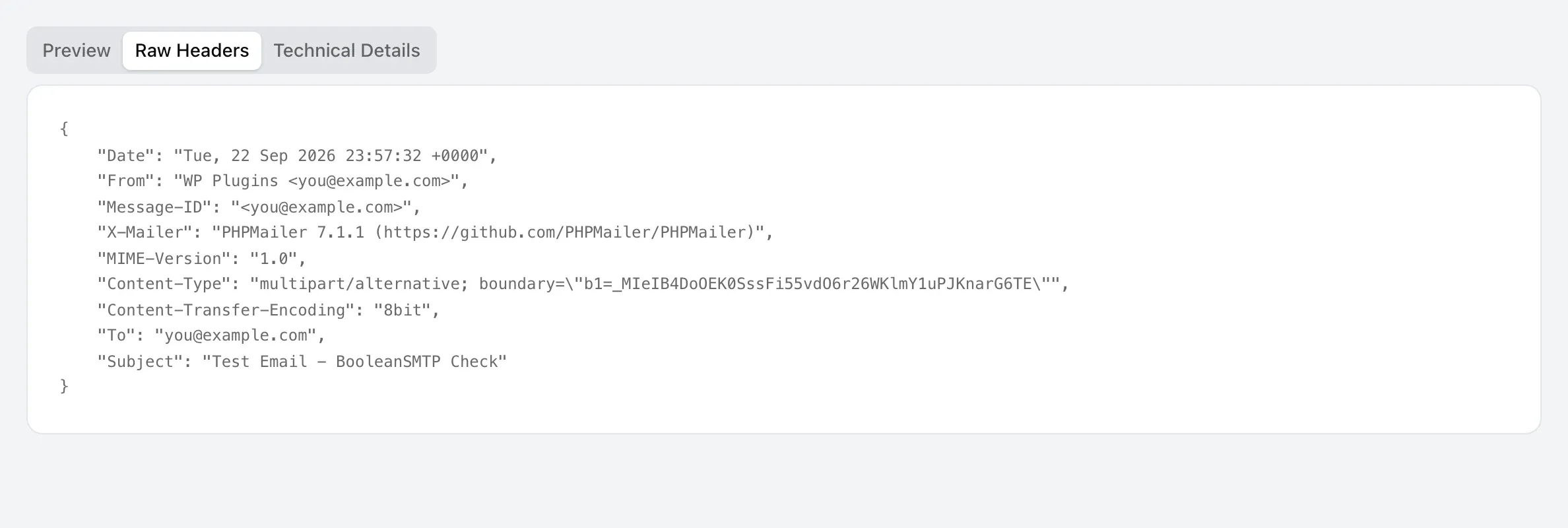 The Raw Headers tab, showing the message’s Date, From, Message-ID, MIME-Version, Content-Type and Subject headers as JSON.