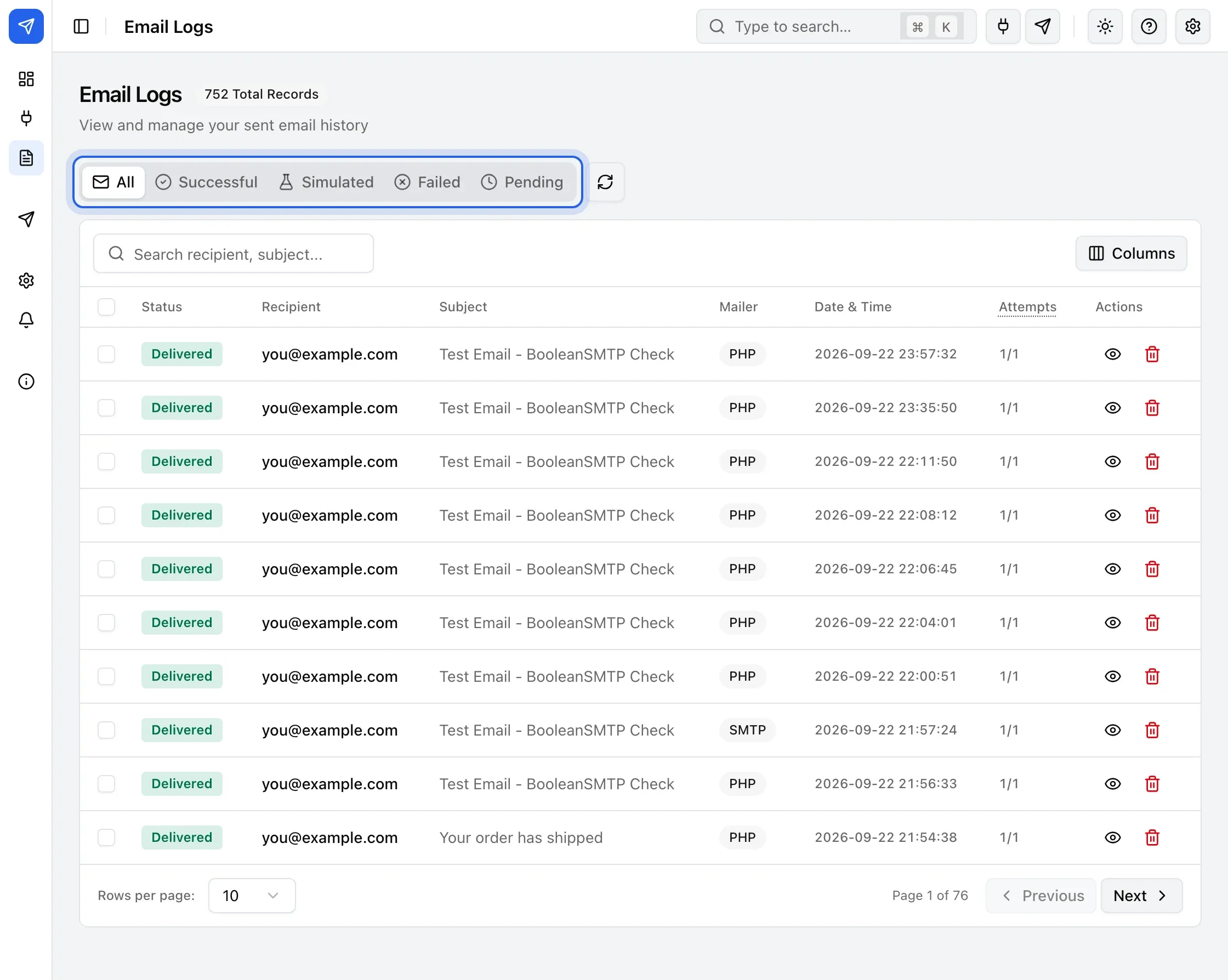 The Email Logs screen, with the All, Successful, Simulated, Failed and Pending tabs highlighted above the list of sent emails.