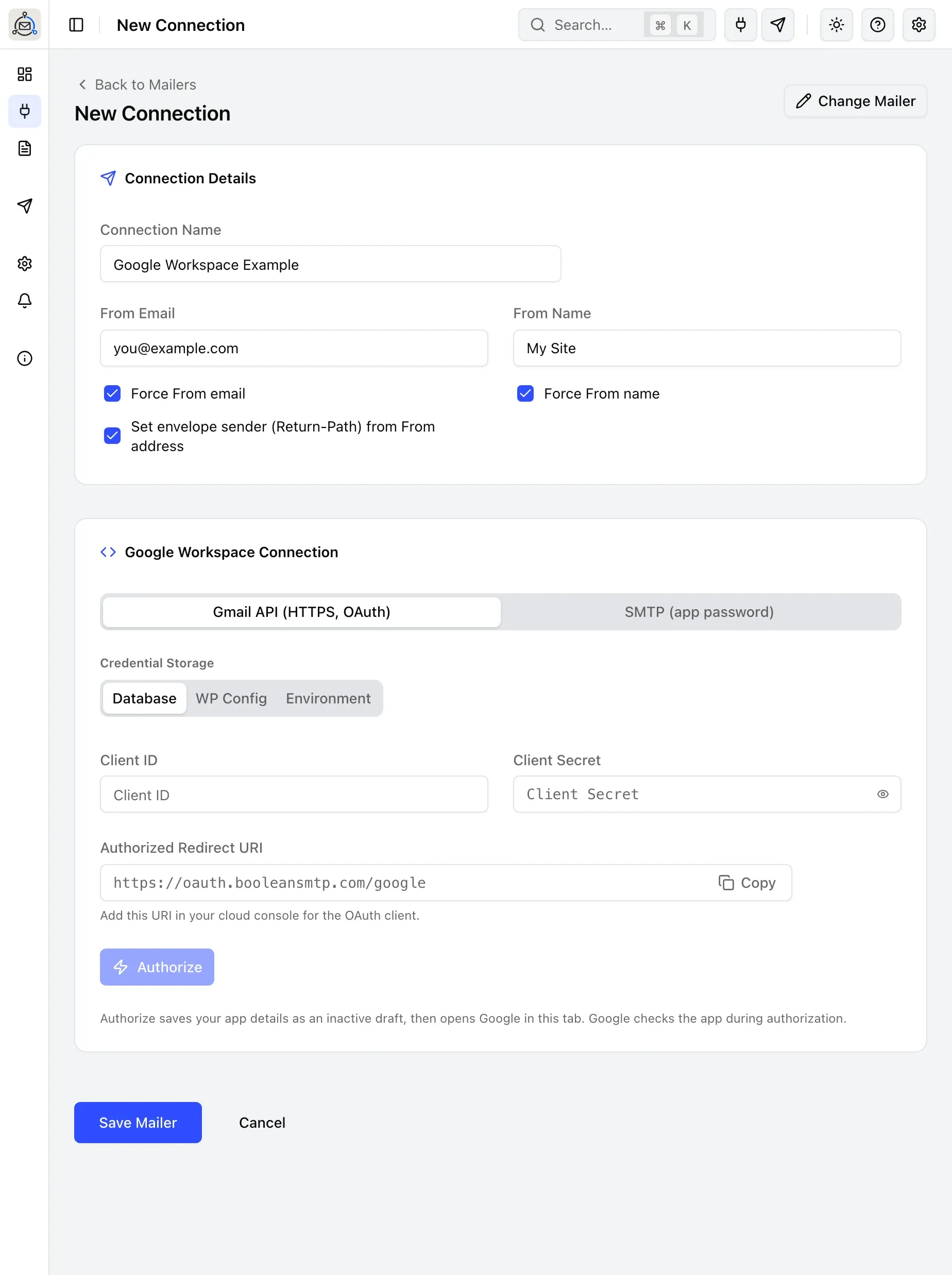 The Google Workspace connection form in Gmail API mode, with Client ID, Client Secret and Authorized Redirect URI fields, and the Authorize button.