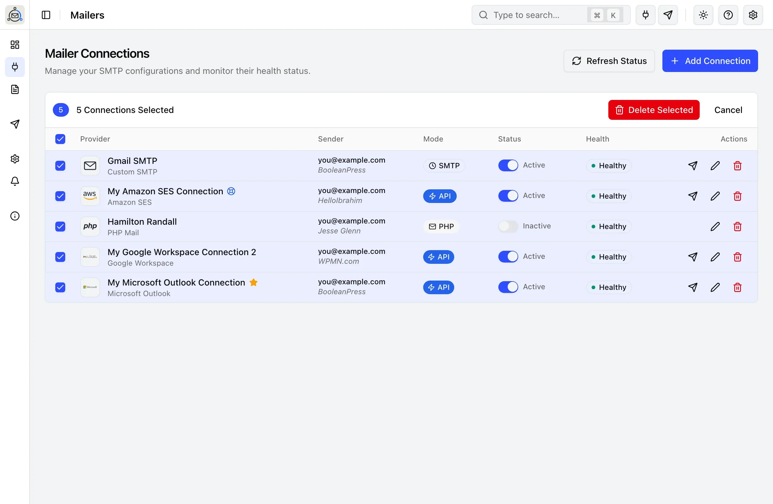 The Mailer Connections list with five connections selected, showing the Delete Selected and Cancel actions.