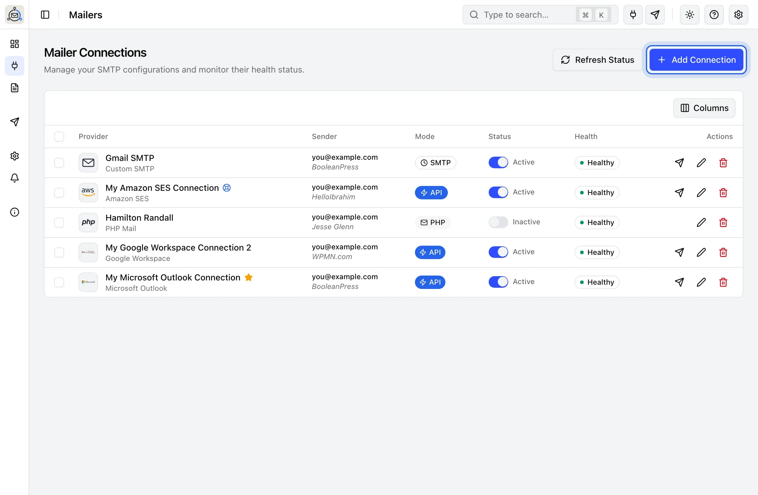 The Mailer Connections list in BooleanSMTP, with the Add Connection button and the Provider, Sender, Mode, Status, Health and Actions columns.