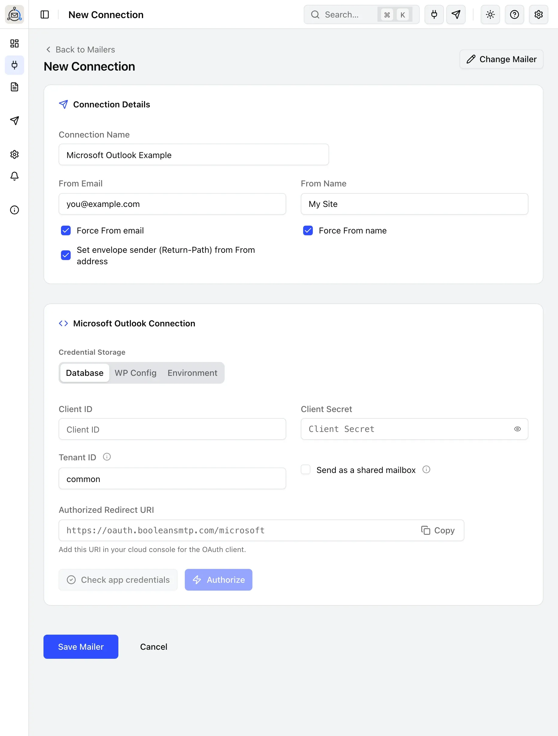 The Microsoft Outlook connection form, with Client ID, Client Secret, Tenant ID, Authorized Redirect URI and Send as a shared mailbox fields, and the Authorize button.