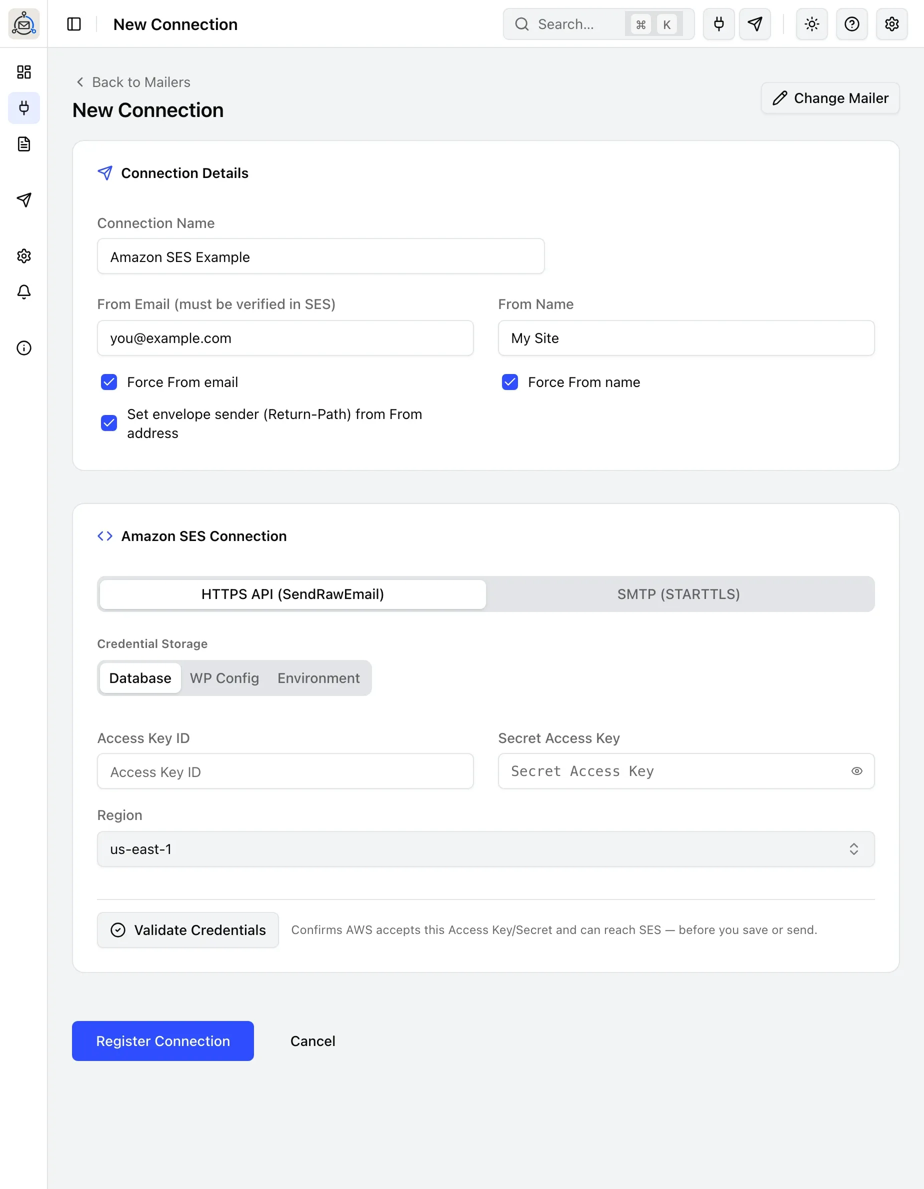 The Amazon SES connection form in HTTPS API mode, with Access Key ID, Secret Access Key and Region fields.
