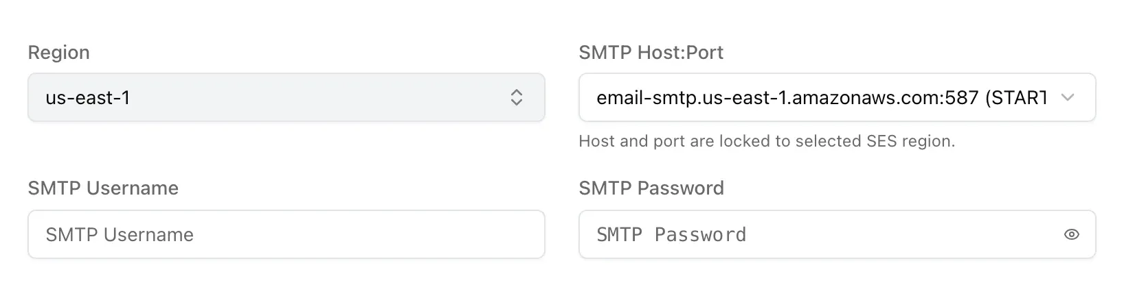 The Amazon SES connection form in SMTP mode, with Region, SMTP Host:Port, SMTP Username and SMTP Password fields.